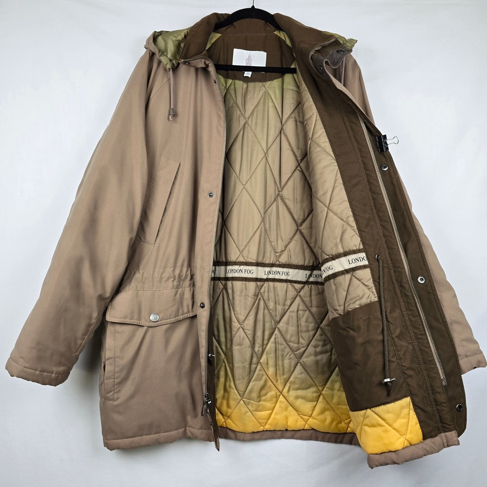 London Fog Mens Tan Khaki Hooded Parka Jacket Quilted Lining Size Large Long